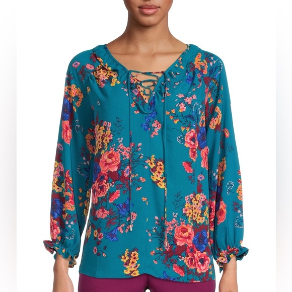 Floral Lace-Up Blouse • Teal Multicolor Print • XXL • Fall Fashion • Boho Chic - Picture 2 of 3